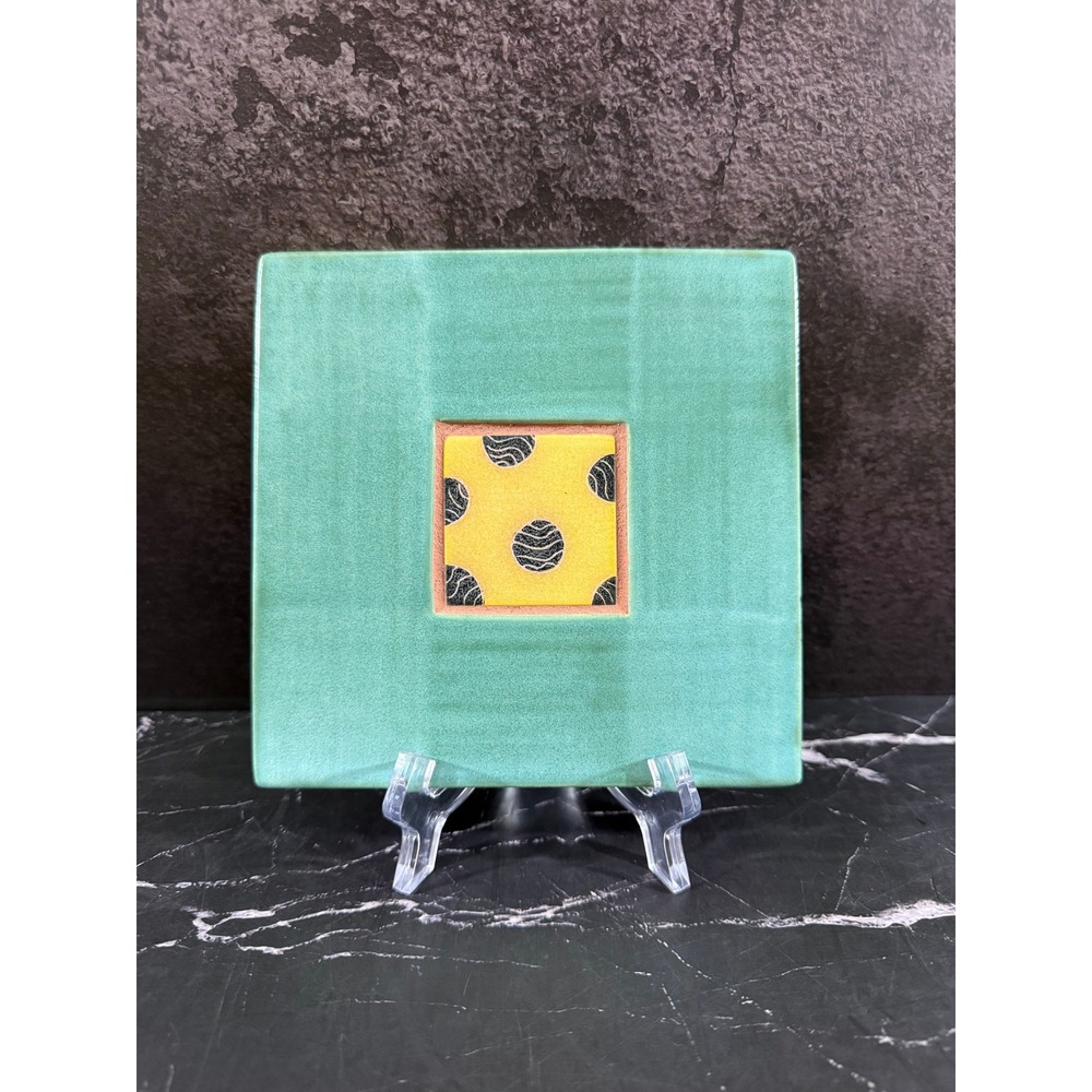 Vintage TS Post Pottery Teal Blue Ceramic Tile Trivet Cork Backed 6in Signed